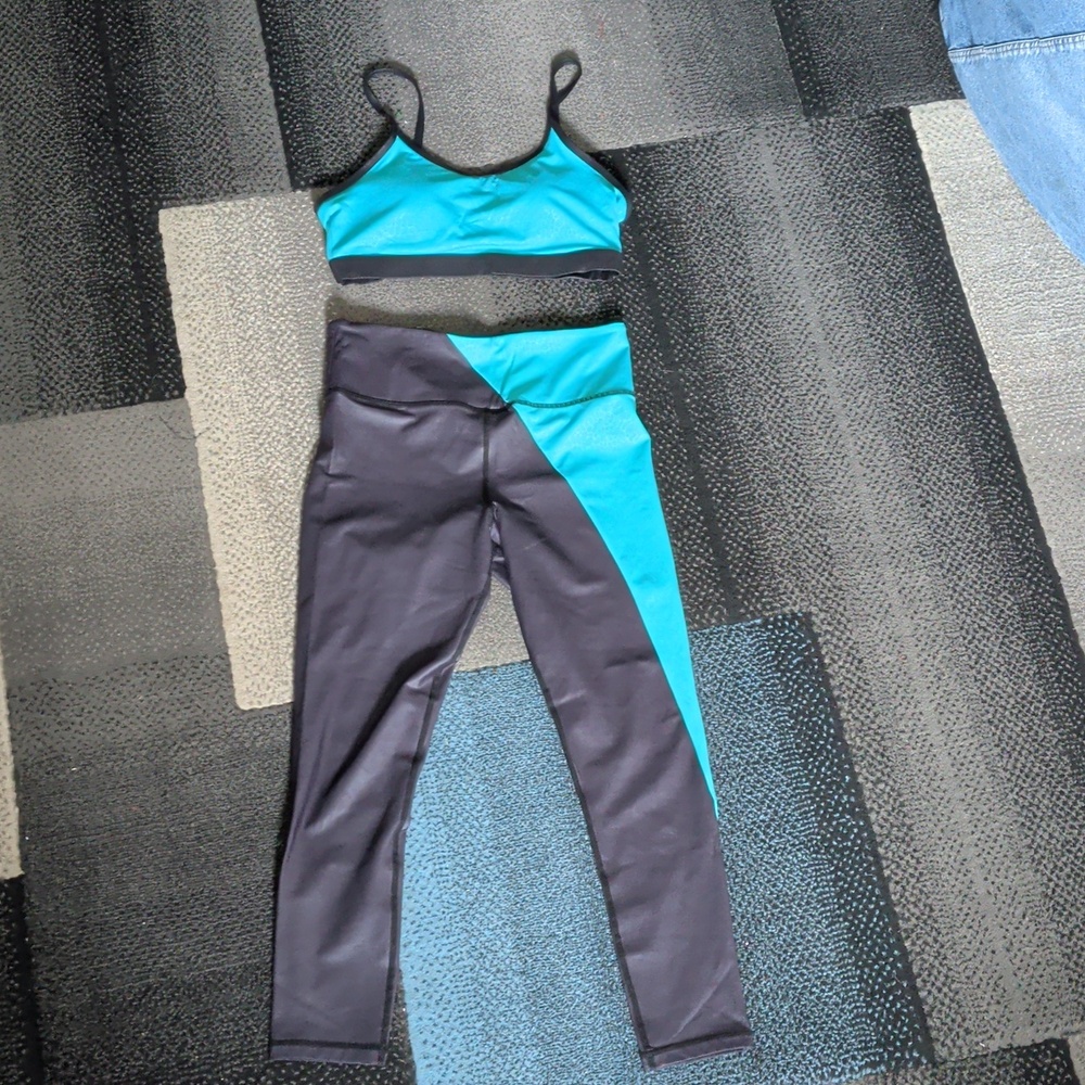 Colorblock Active Set - Teal and Charcoal Sports Bra L + Leggings 12